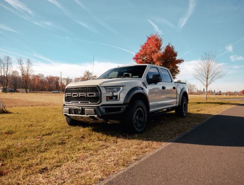 White Ford pickup truck parked on a green field, illustrating a full-size pickup wrap candidate