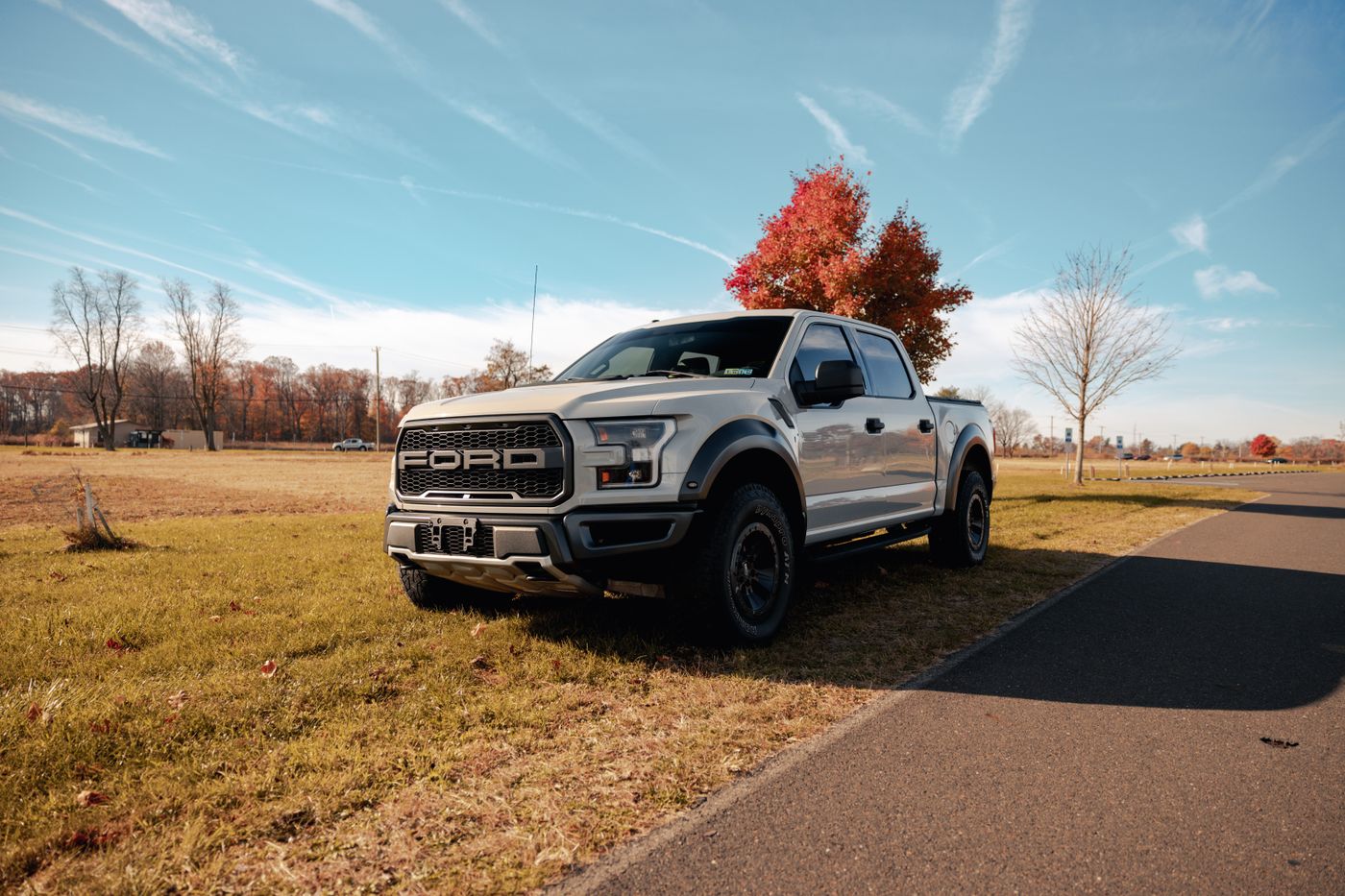 White Ford pickup truck parked on a green field, illustrating a full-size pickup wrap candidate