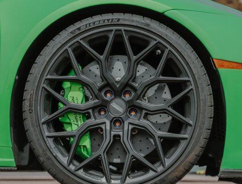 Close-up of a car wheel and suspension components