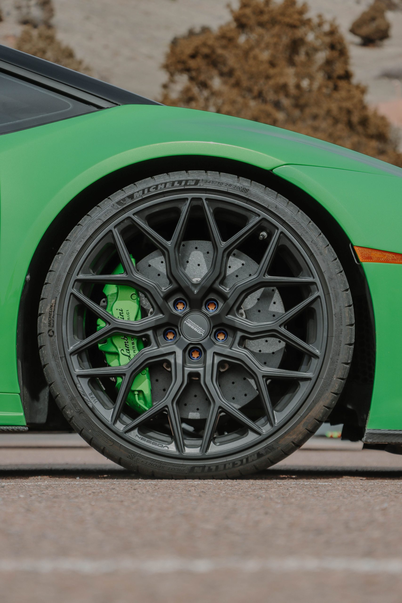 Close-up of a car wheel and suspension components