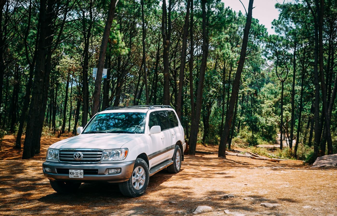 White Toyota SUV parked on a dirt trail in a forest, illustrating body-on-frame off-road use