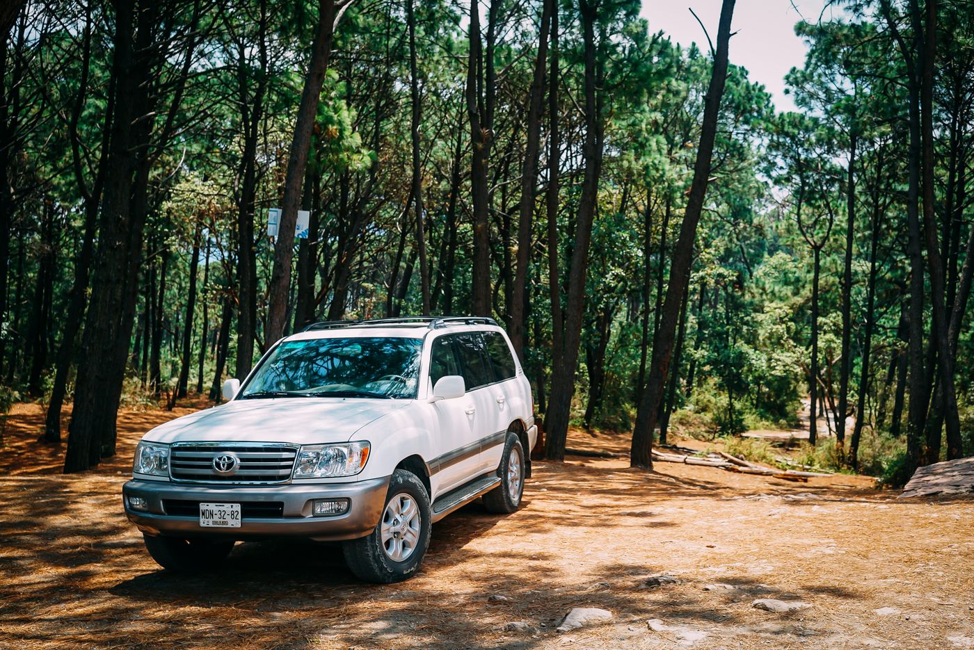 White Toyota SUV parked on a dirt trail in a forest, illustrating body-on-frame off-road use