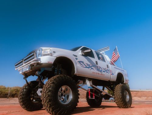 Heavily lifted off-road truck with large tires