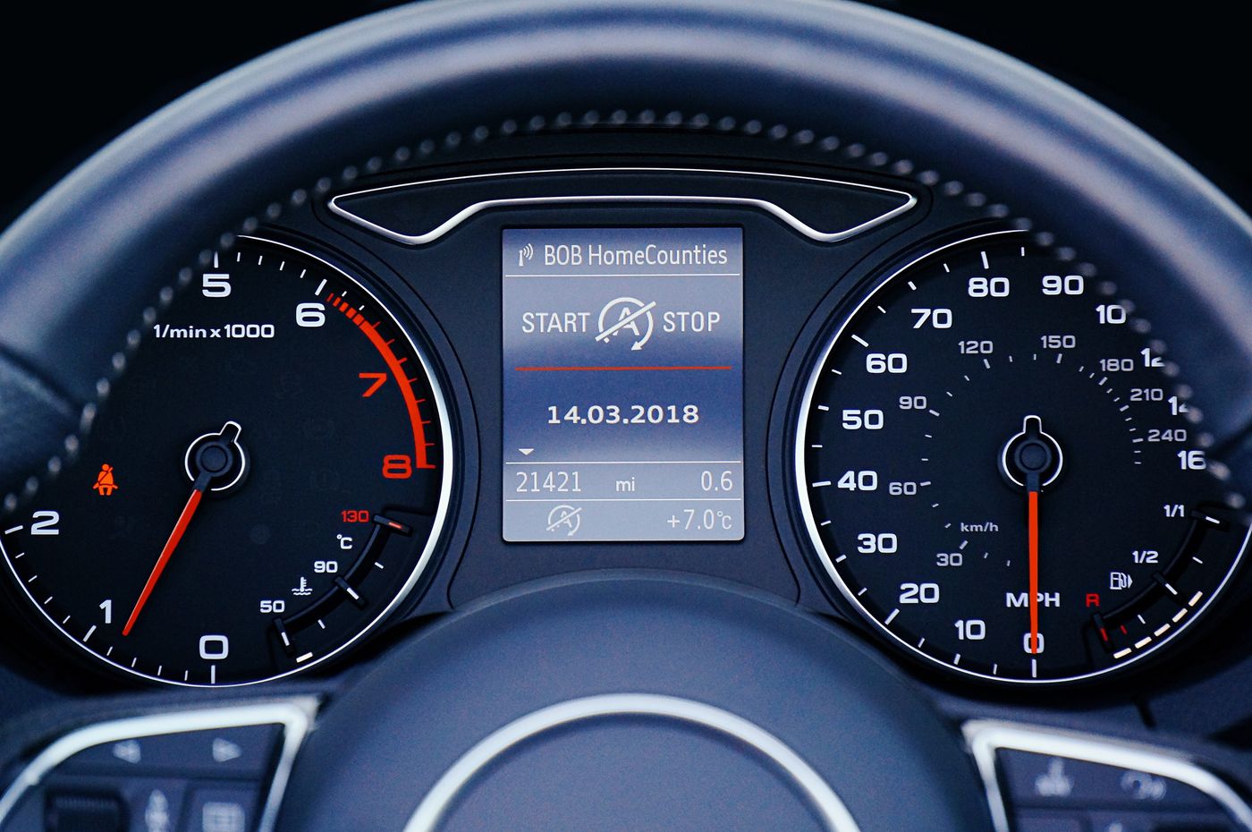 Close-up of a car instrument cluster panel showing gauges and indicator lights
