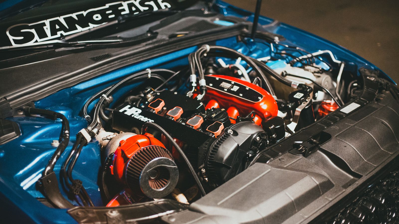 Engine bay of an Audi with the hood open