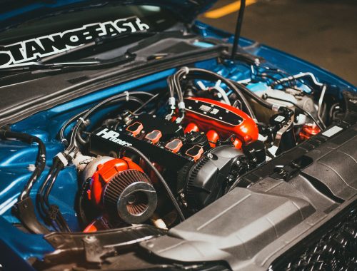 Engine bay of an Audi with the hood open