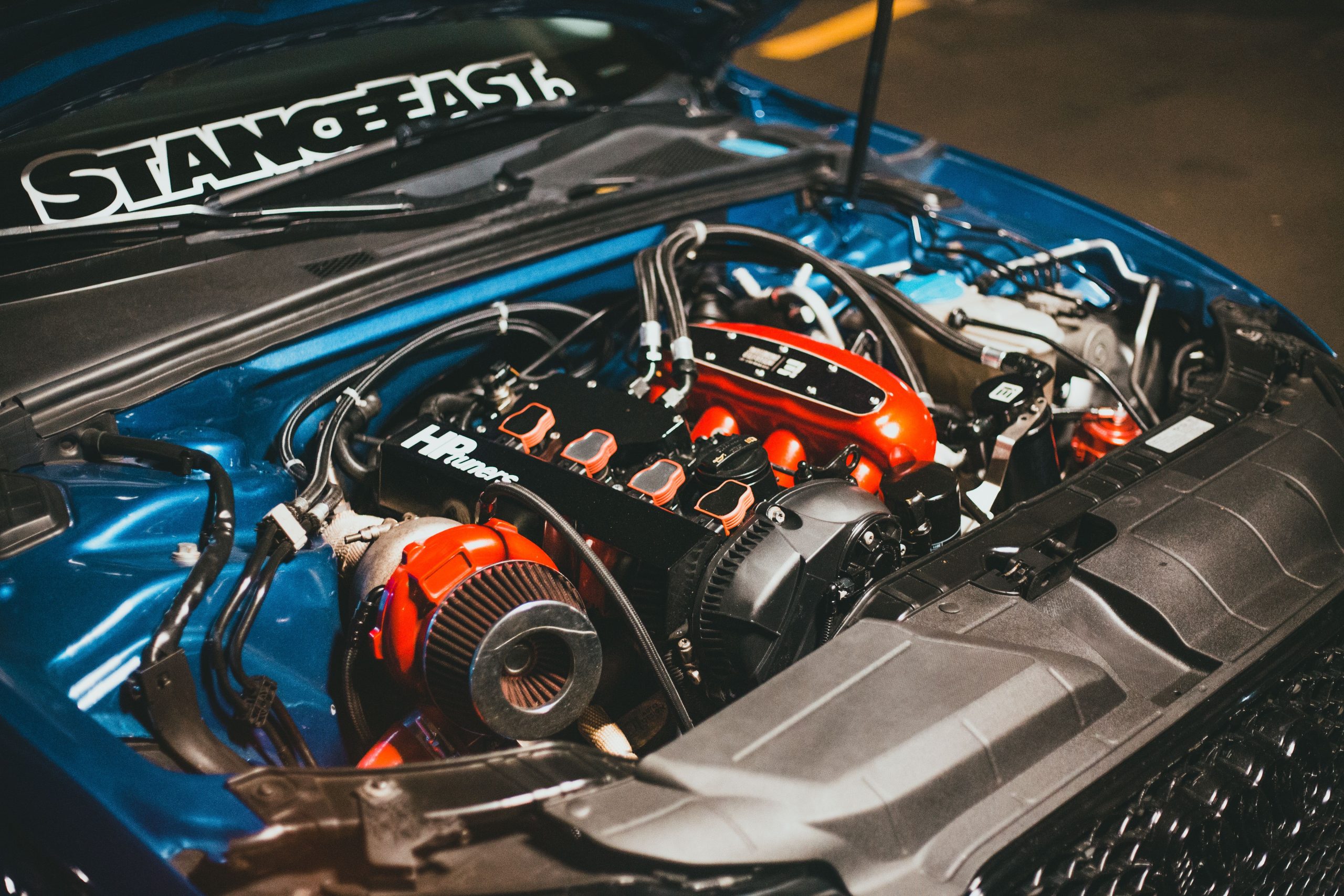 Engine bay of an Audi with the hood open
