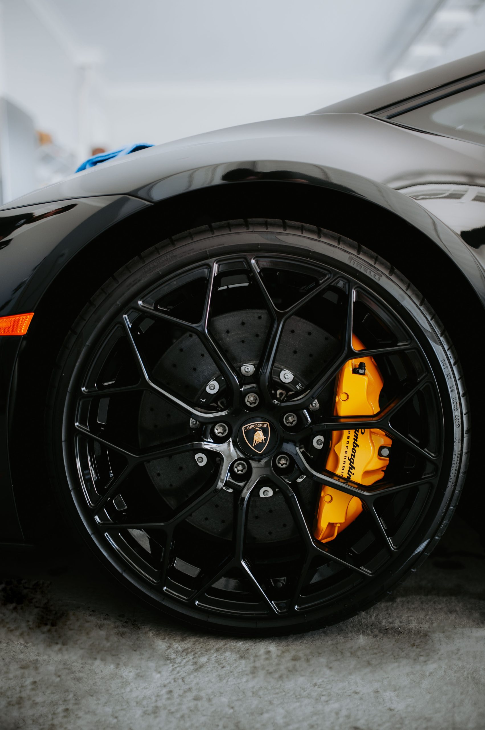 Close-up of a brake rotor and caliper