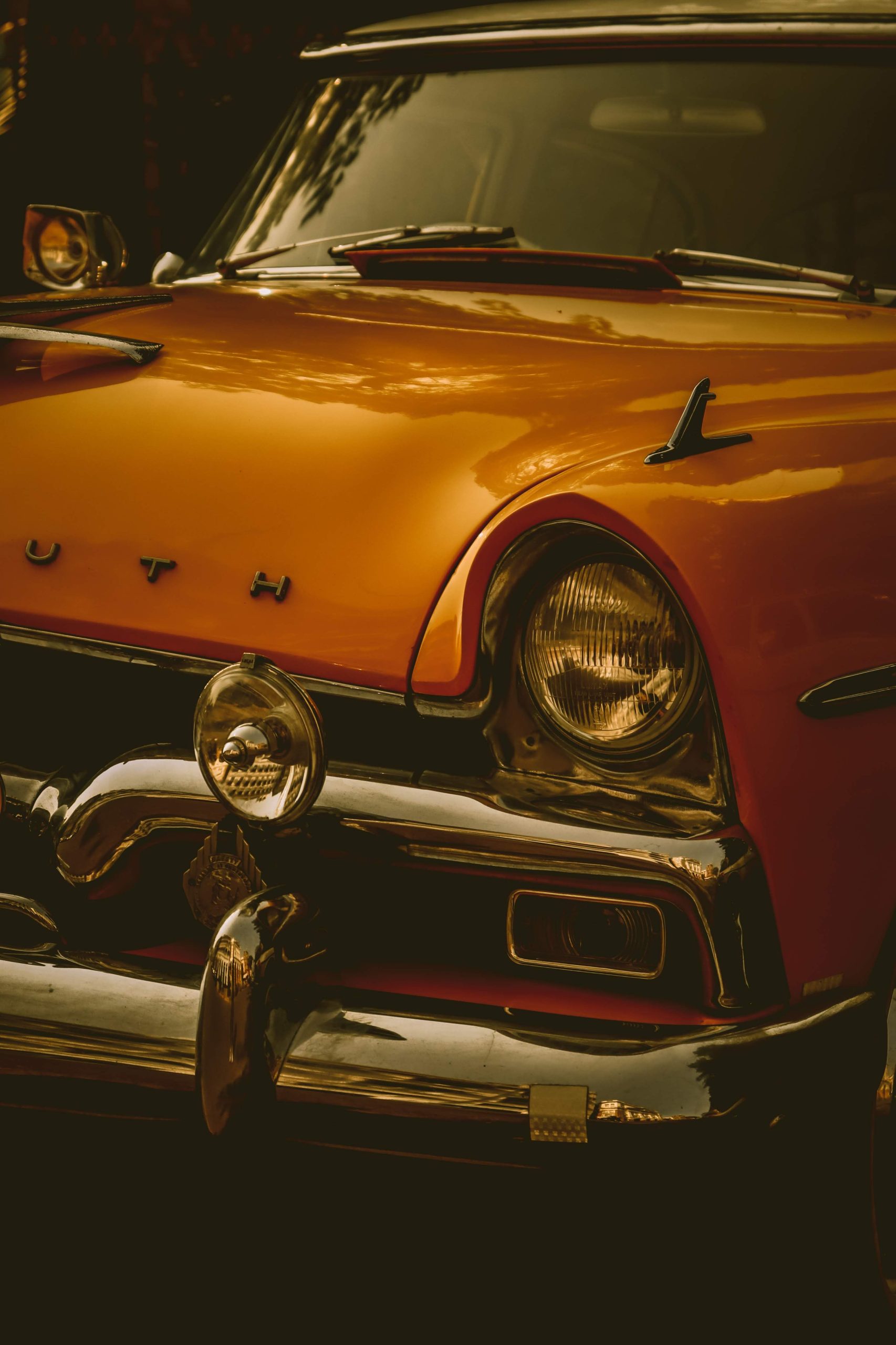 Polished retro car with shiny chrome details
